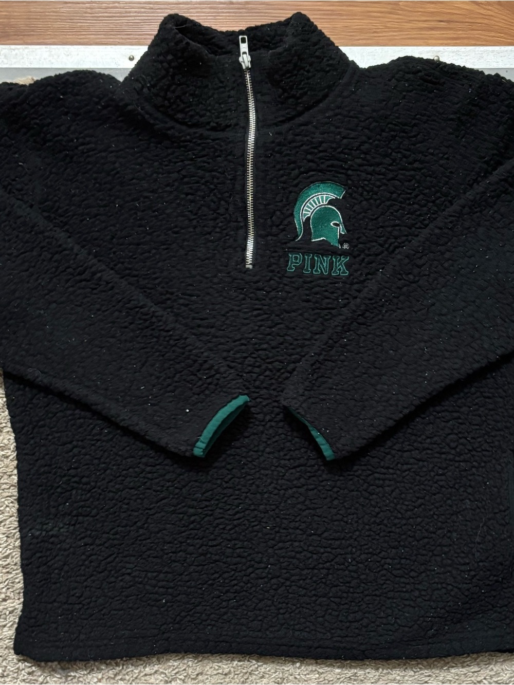 PINK Woman’s Sm Black Sherpa Quarter-Zip Pullover with Green Spartan Logo